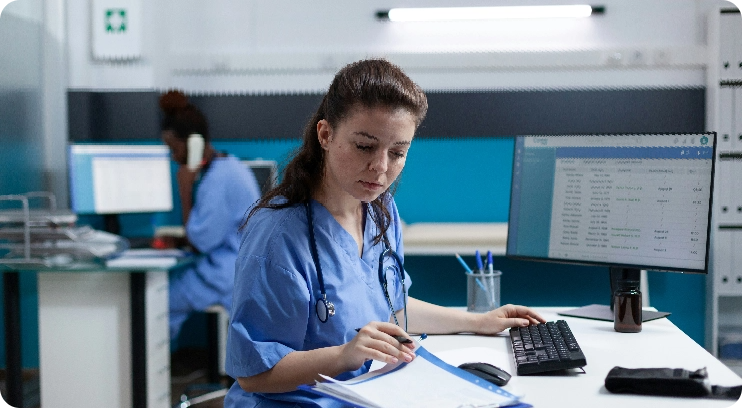 Clinical researcher at a workstation
